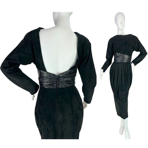 Vakko Vintage 80s Black Suede & Leather Backless Long Sleeve Midi Dress, Size 6 - Picture 1 of 15